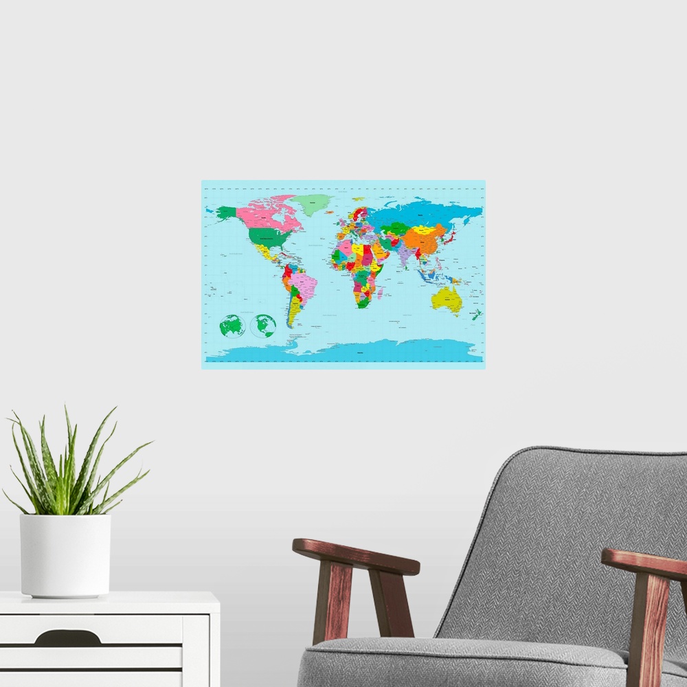 A modern room featuring Large, horizontal wall hanging of the world map on a solid blue background.
