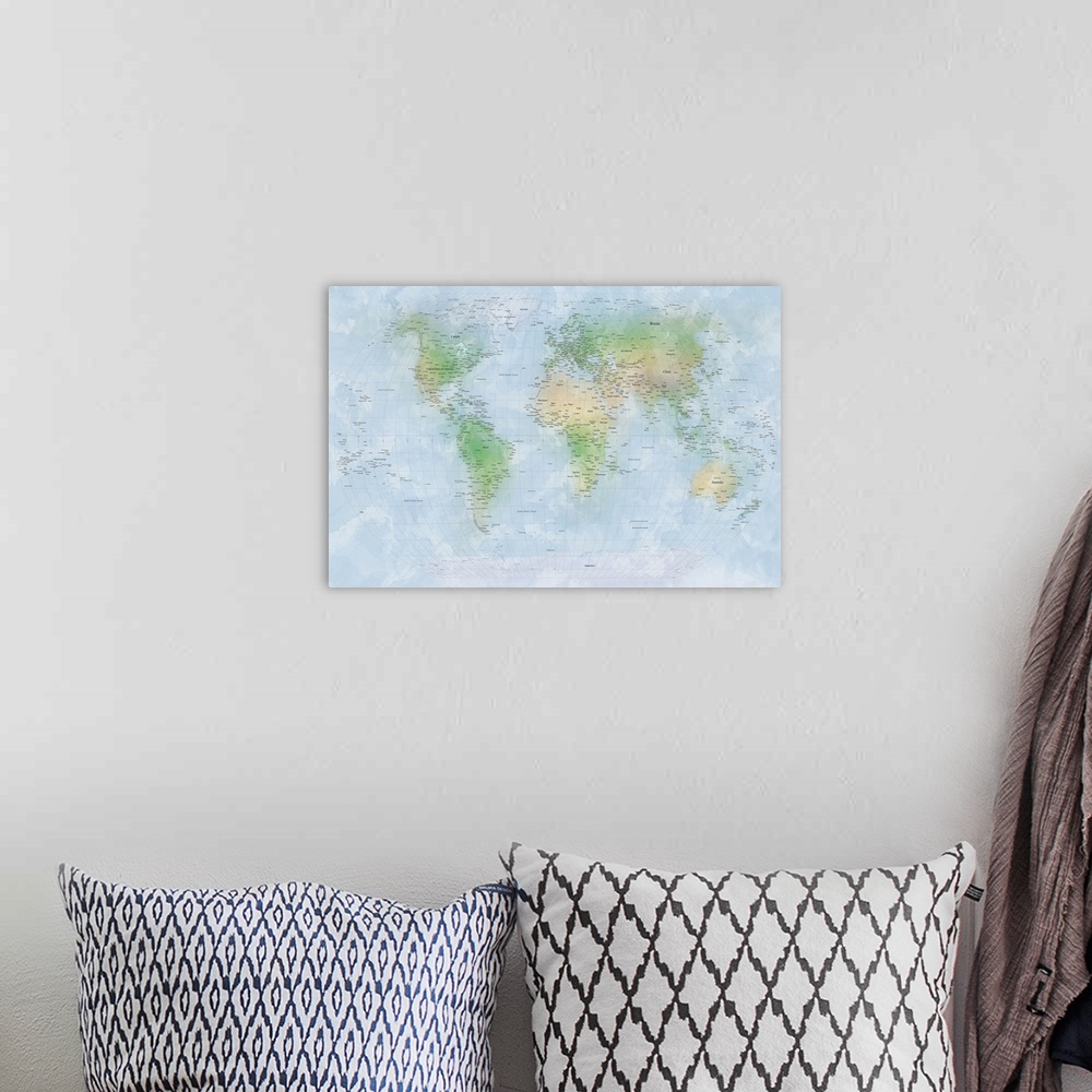 A bohemian room featuring Traditional world map with countries, cities, and oceans labeled with topography colors.