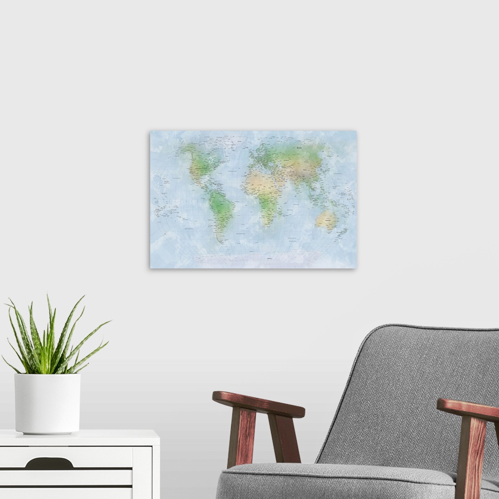 A modern room featuring Traditional world map with countries, cities, and oceans labeled with topography colors.