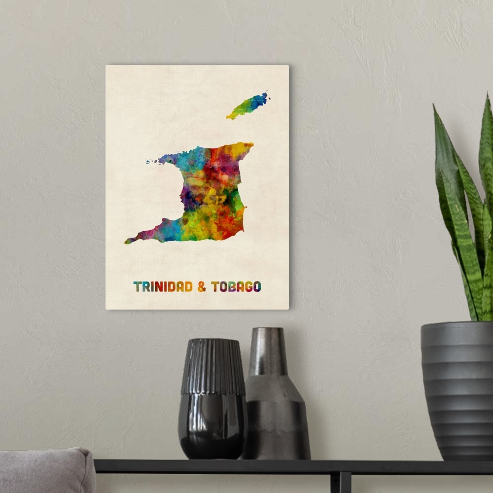 A modern room featuring A watercolor map of Trinidad and Tobago