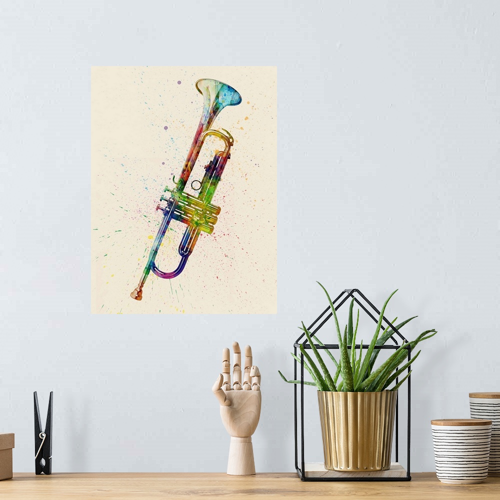 A bohemian room featuring Contemporary artwork of a trumpet with bright colorful watercolor paint splatter all over it.