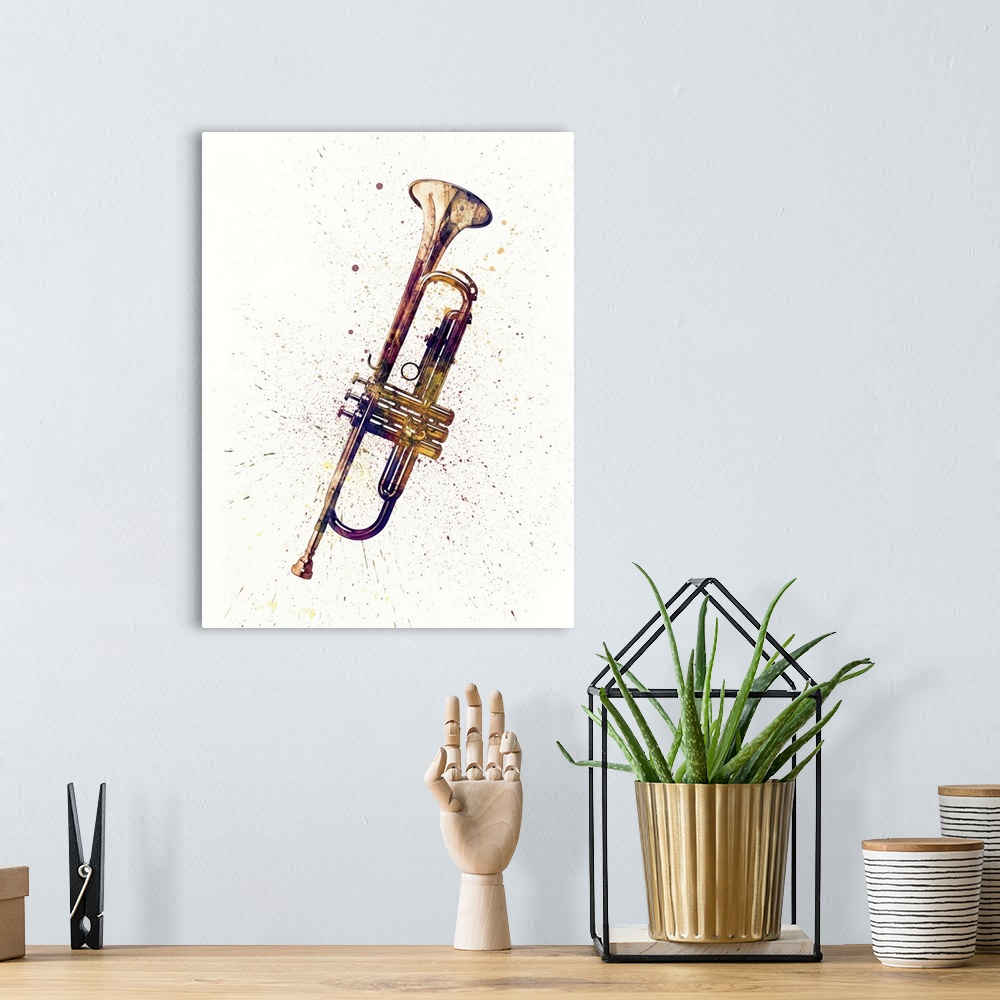 A bohemian room featuring Contemporary artwork of a trumpet with bright colorful watercolor paint splatter all over it.