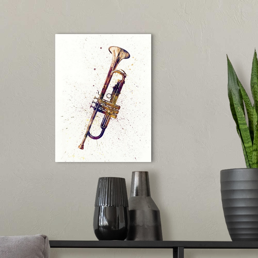 A modern room featuring Contemporary artwork of a trumpet with bright colorful watercolor paint splatter all over it.