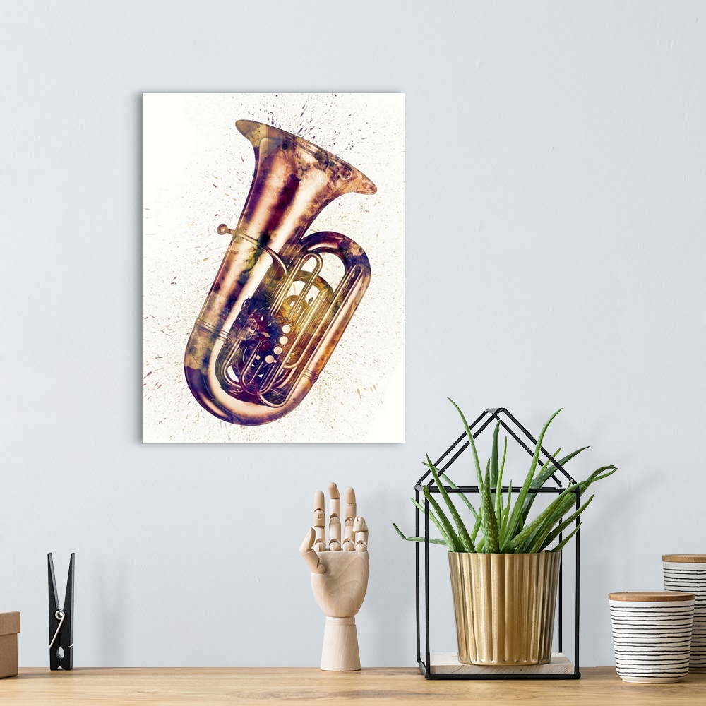 A bohemian room featuring An abstract watercolor print of a Tuba.
