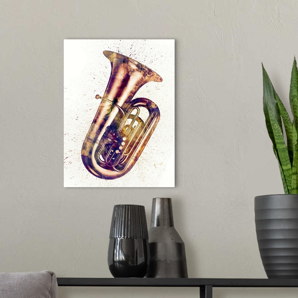 A modern room featuring An abstract watercolor print of a Tuba.
