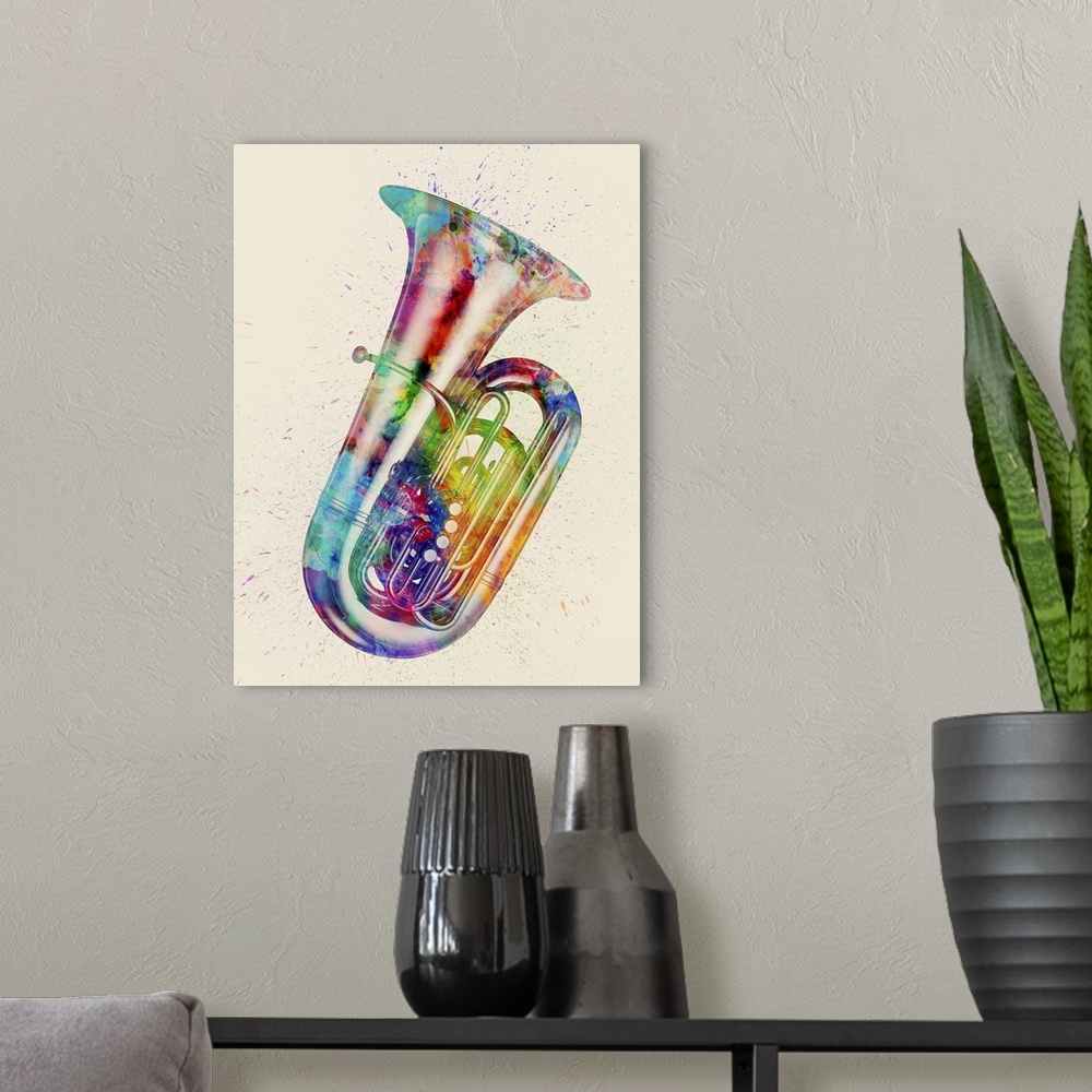 A modern room featuring An abstract watercolor print of a Tuba.