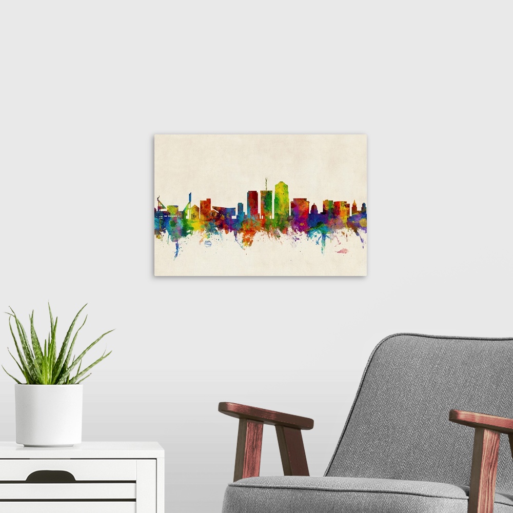 A modern room featuring Watercolor art print of the skyline of Tucson, Arizona, United States