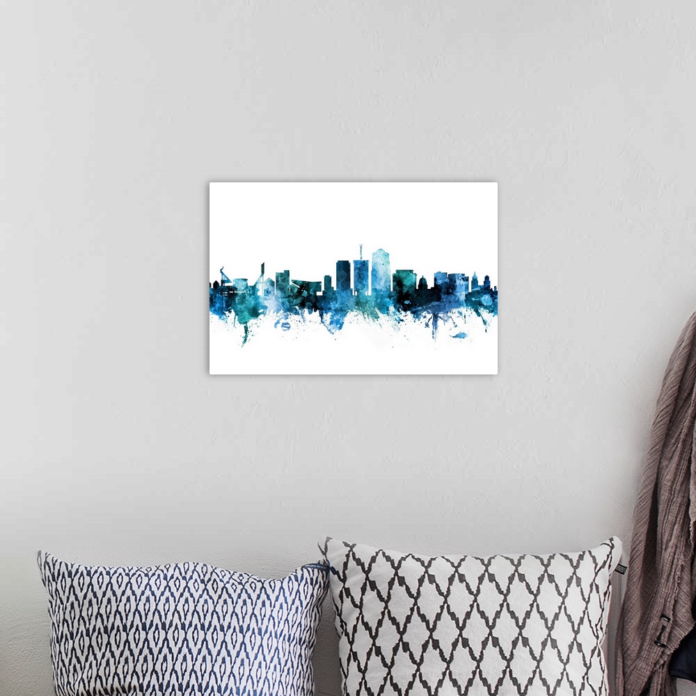 A bohemian room featuring Watercolor art print of the skyline of Tucson, Arizona, United States.