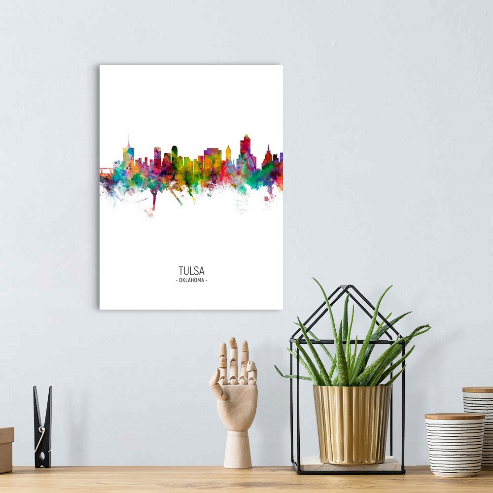 A bohemian room featuring Watercolor art print of the skyline of Tulsa, Oklahoma, United States