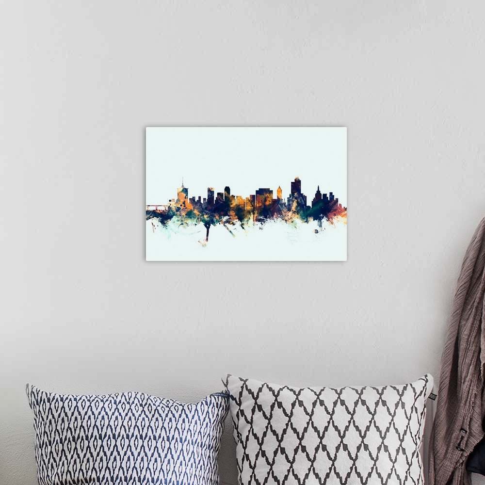 A bohemian room featuring Watercolor art print of the skyline of Tulsa, Oklahoma, United States.
