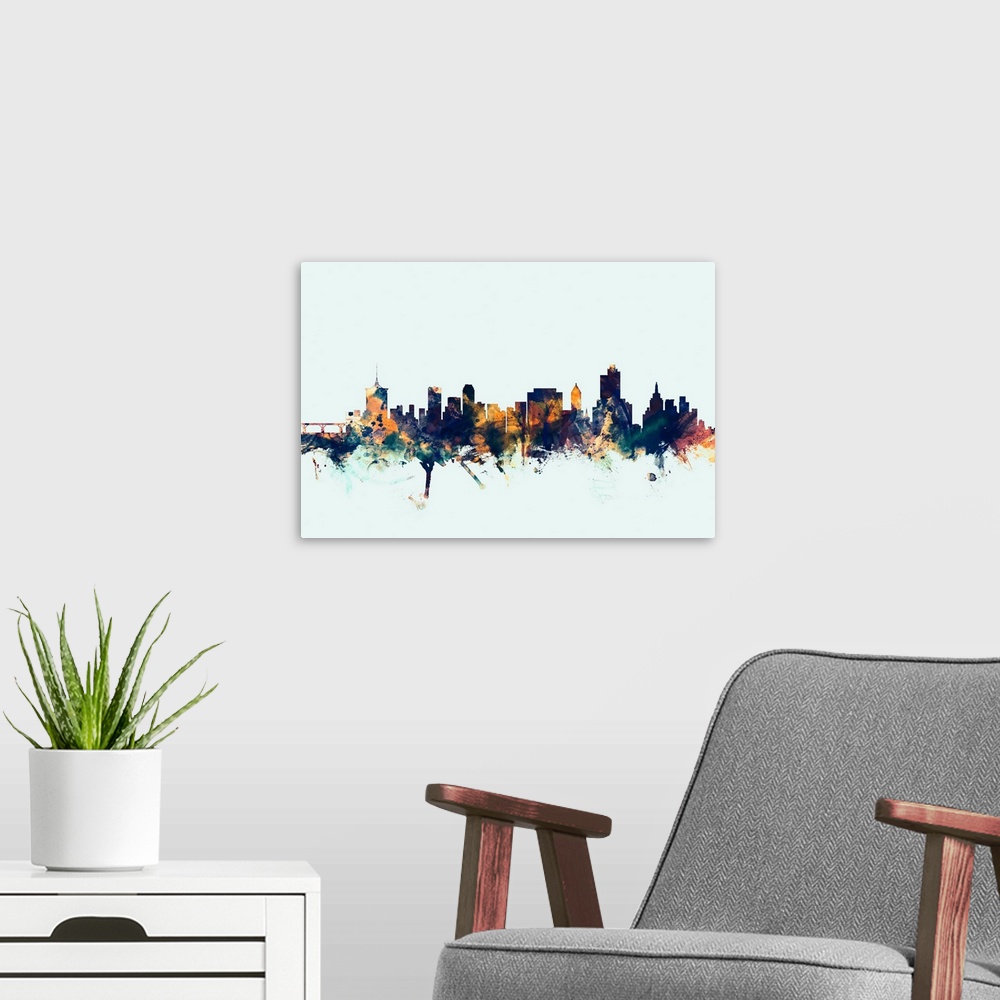 A modern room featuring Watercolor art print of the skyline of Tulsa, Oklahoma, United States.