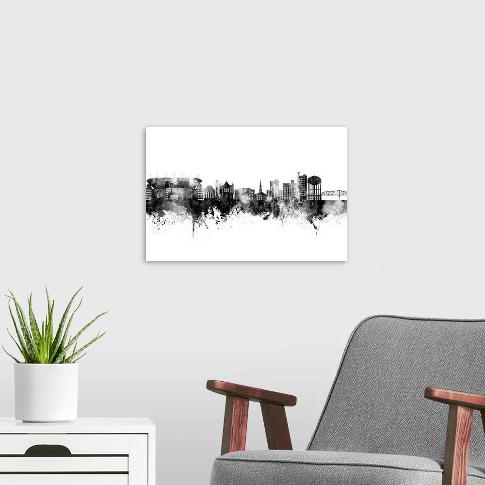 A modern room featuring Watercolor art print of the skyline of Tuscaloosa, Alabama