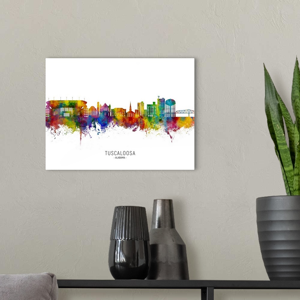 A modern room featuring Watercolor art print of the skyline of Tuscaloosa, Alabama