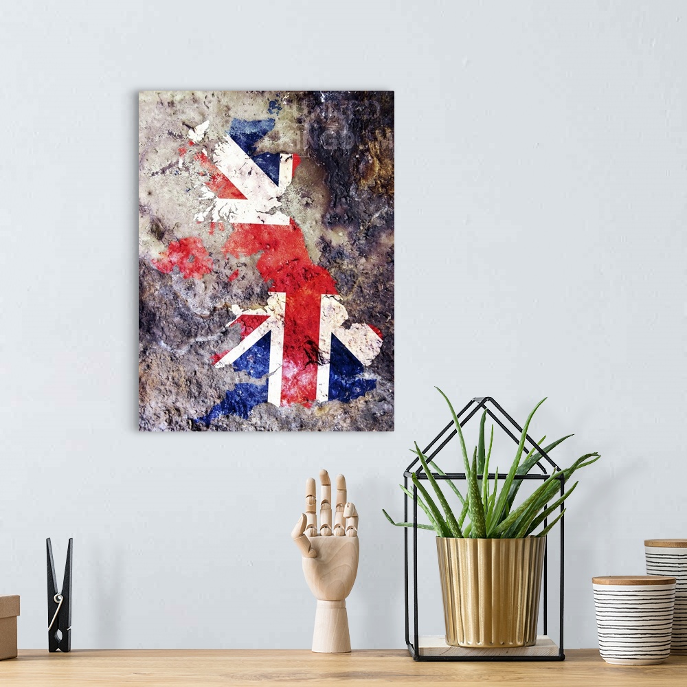 A bohemian room featuring United Kingdom Union Jack Flag in shape of the United Kingdom in a grungy paint style.