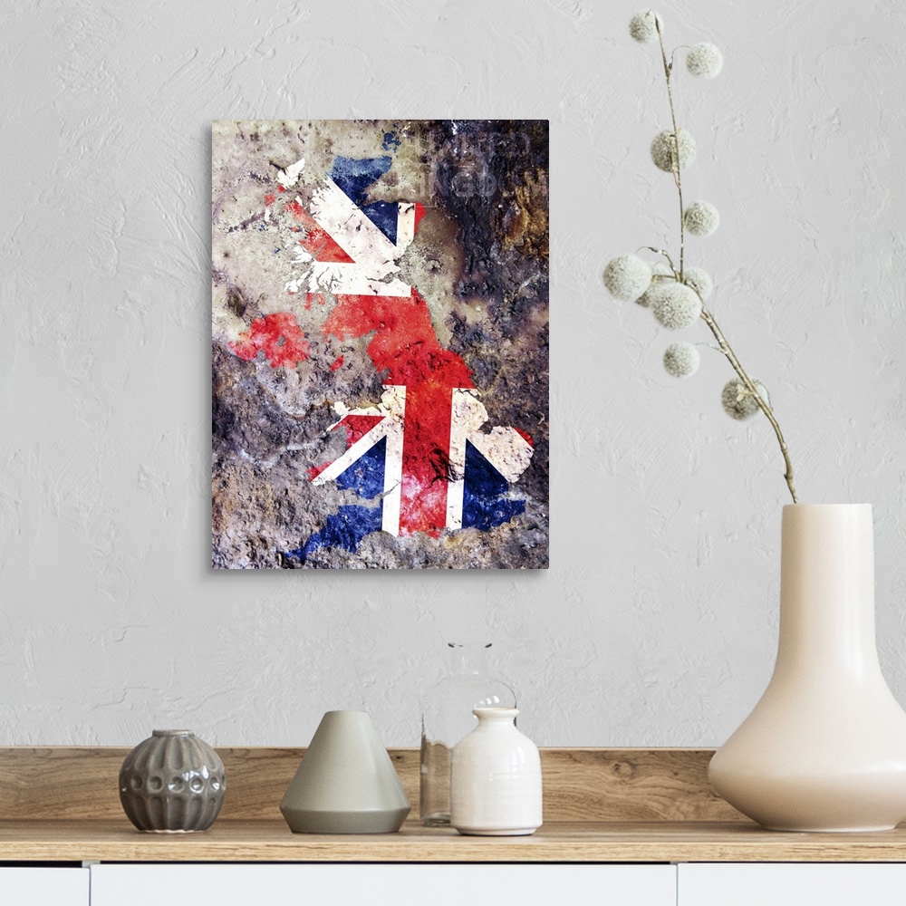 A farmhouse room featuring United Kingdom Union Jack Flag in shape of the United Kingdom in a grungy paint style.