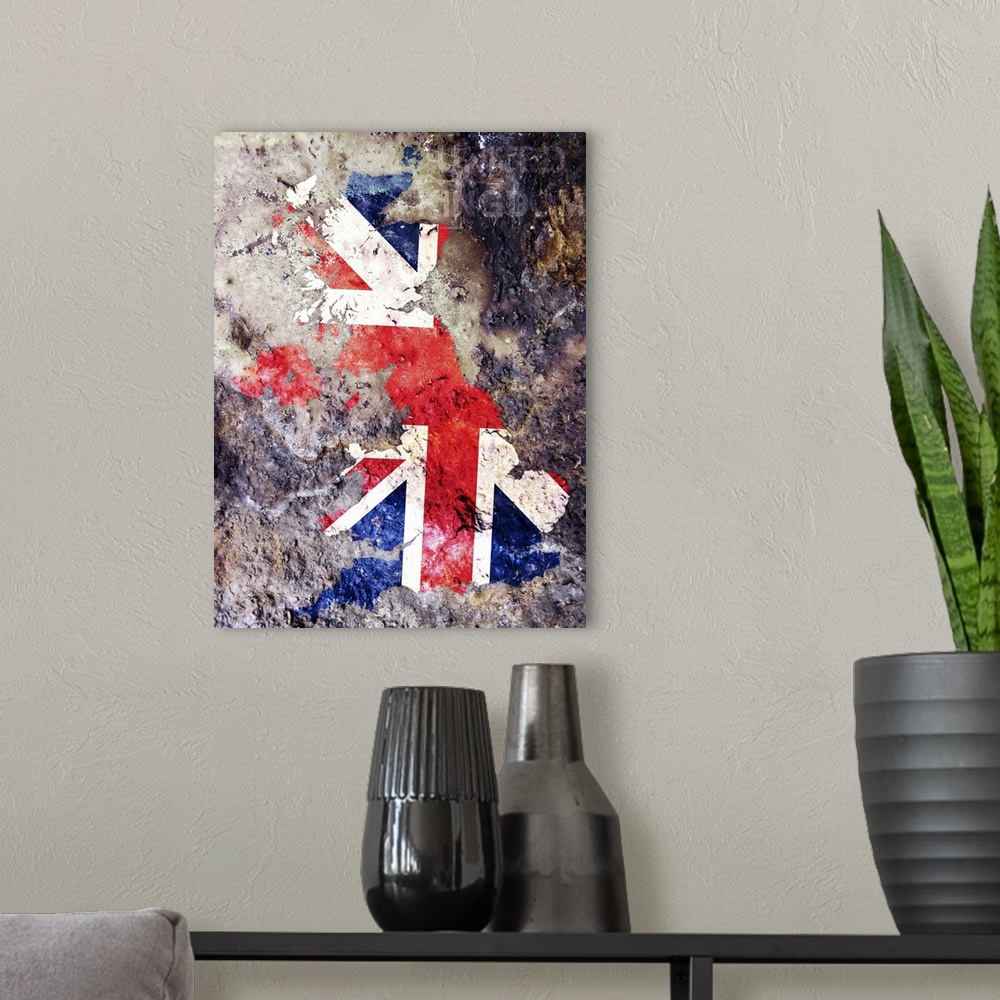 A modern room featuring United Kingdom Union Jack Flag in shape of the United Kingdom in a grungy paint style.