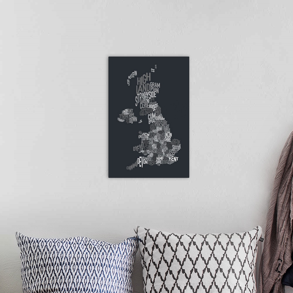 A bohemian room featuring UK Map make up of County names - grayscale