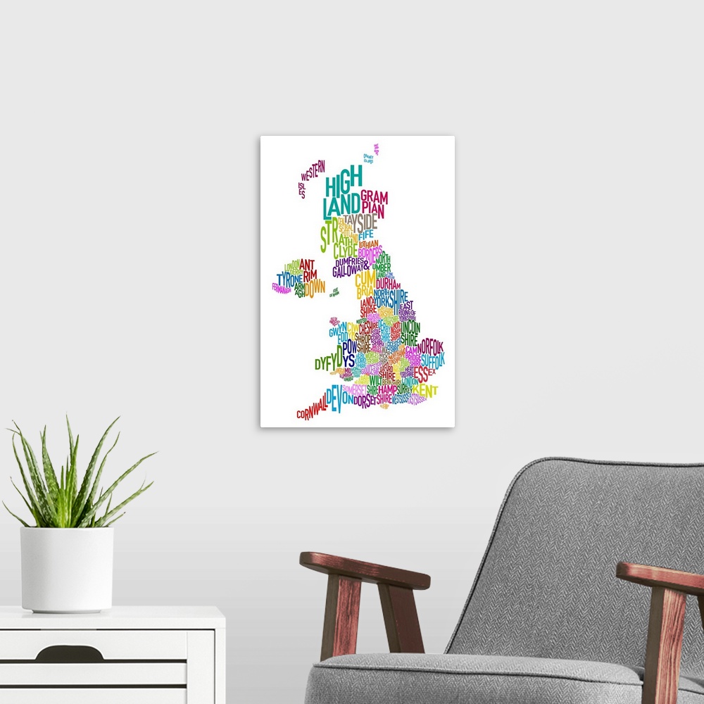 A modern room featuring UK Map make up of County names - rainbow colors