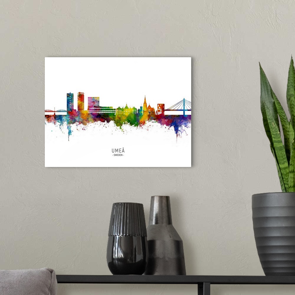 A modern room featuring Watercolor art print of the skyline of Umea, Sweden (Sverige)