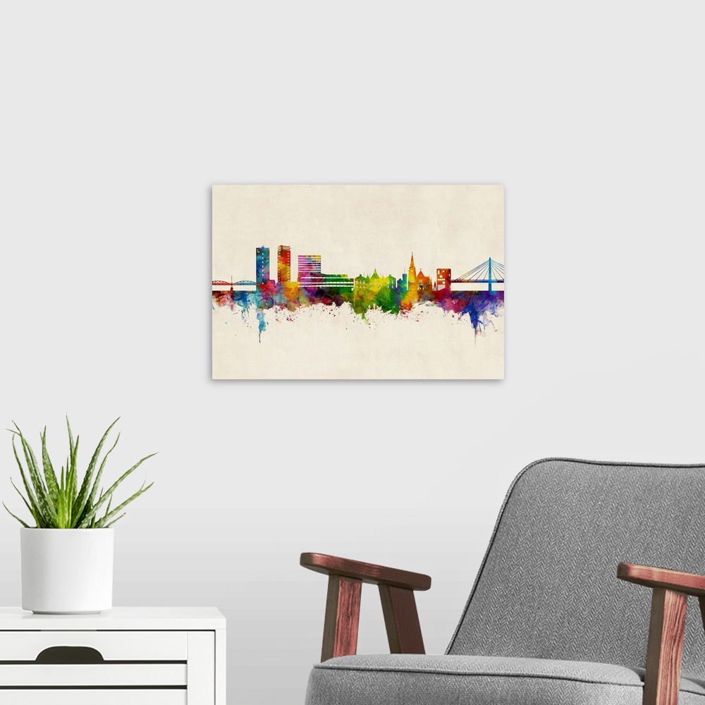 A modern room featuring Watercolor art print of the skyline of Umea, Sweden (Sverige)