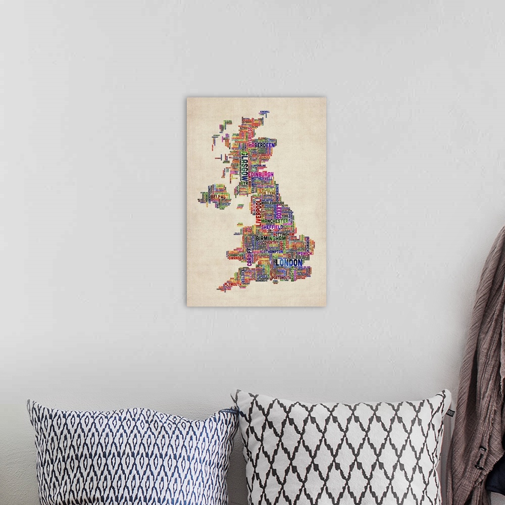 A bohemian room featuring United Kingdom Cities Text Map, Multicolor on Parchment