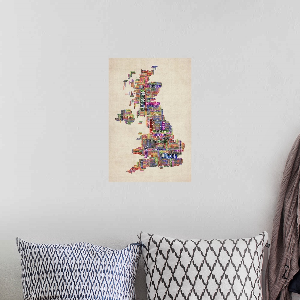 A bohemian room featuring United Kingdom Cities Text Map, Multicolor on Parchment