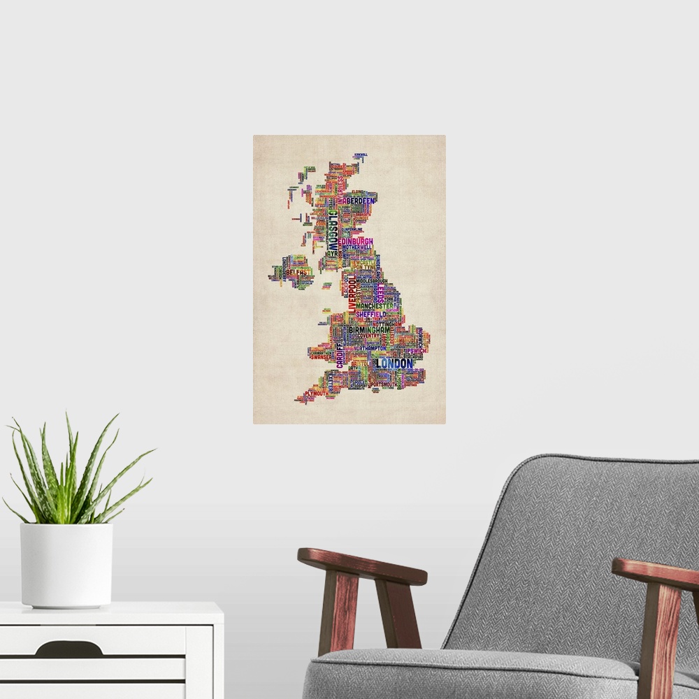 A modern room featuring United Kingdom Cities Text Map, Multicolor on Parchment