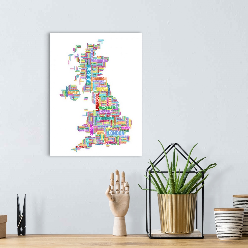 A bohemian room featuring United Kingdom Cities Text Map, Multicolor on White