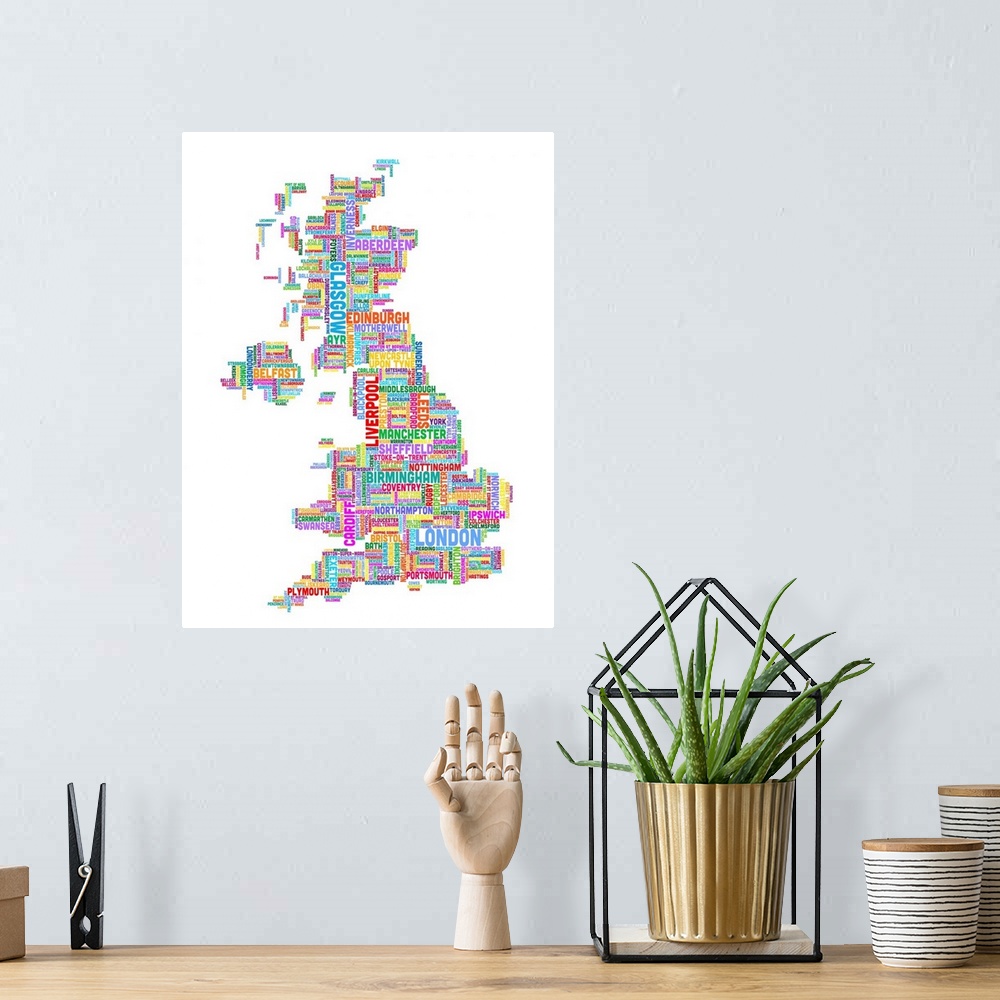 A bohemian room featuring United Kingdom Cities Text Map, Multicolor on White