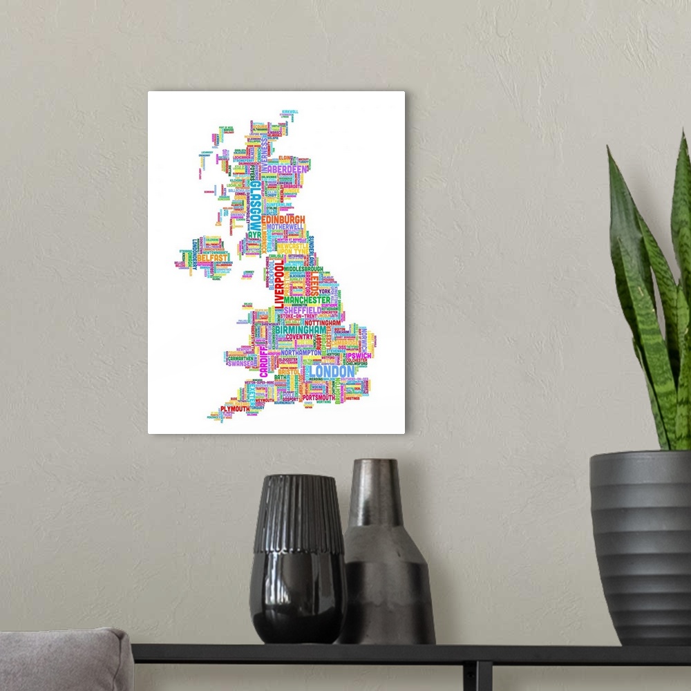 A modern room featuring United Kingdom Cities Text Map, Multicolor on White