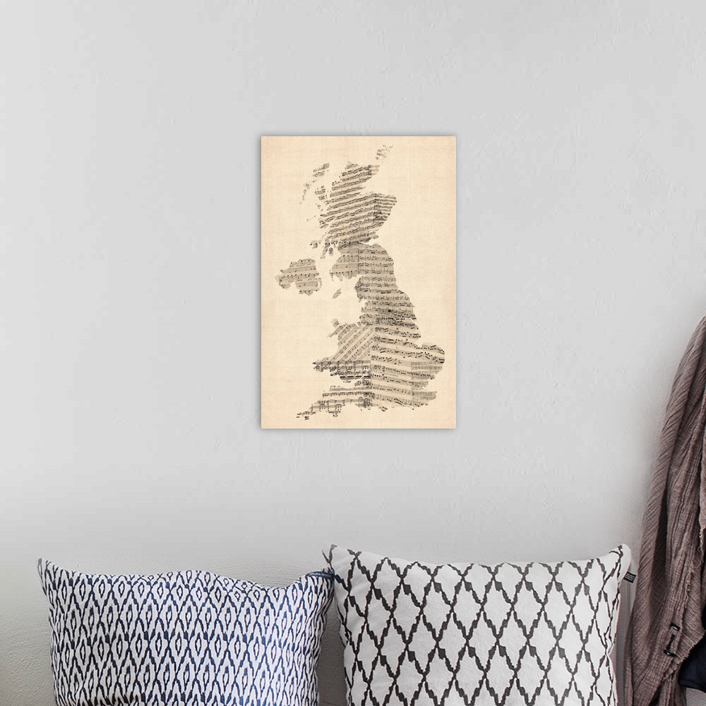 A bohemian room featuring United Kingdom Sheet Music Map