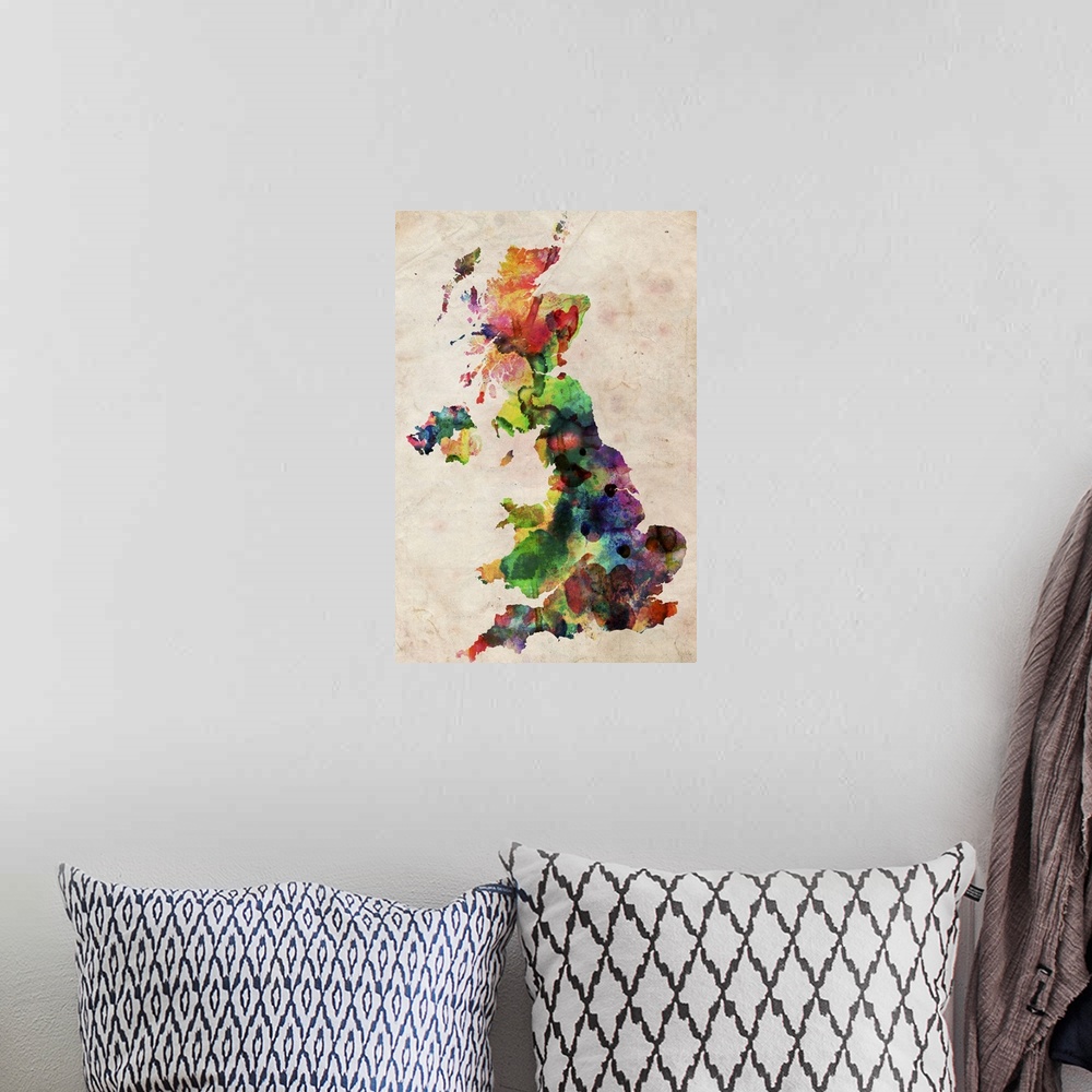 A bohemian room featuring Watercolor Map of the United Kingdom (UK, Great Britain)