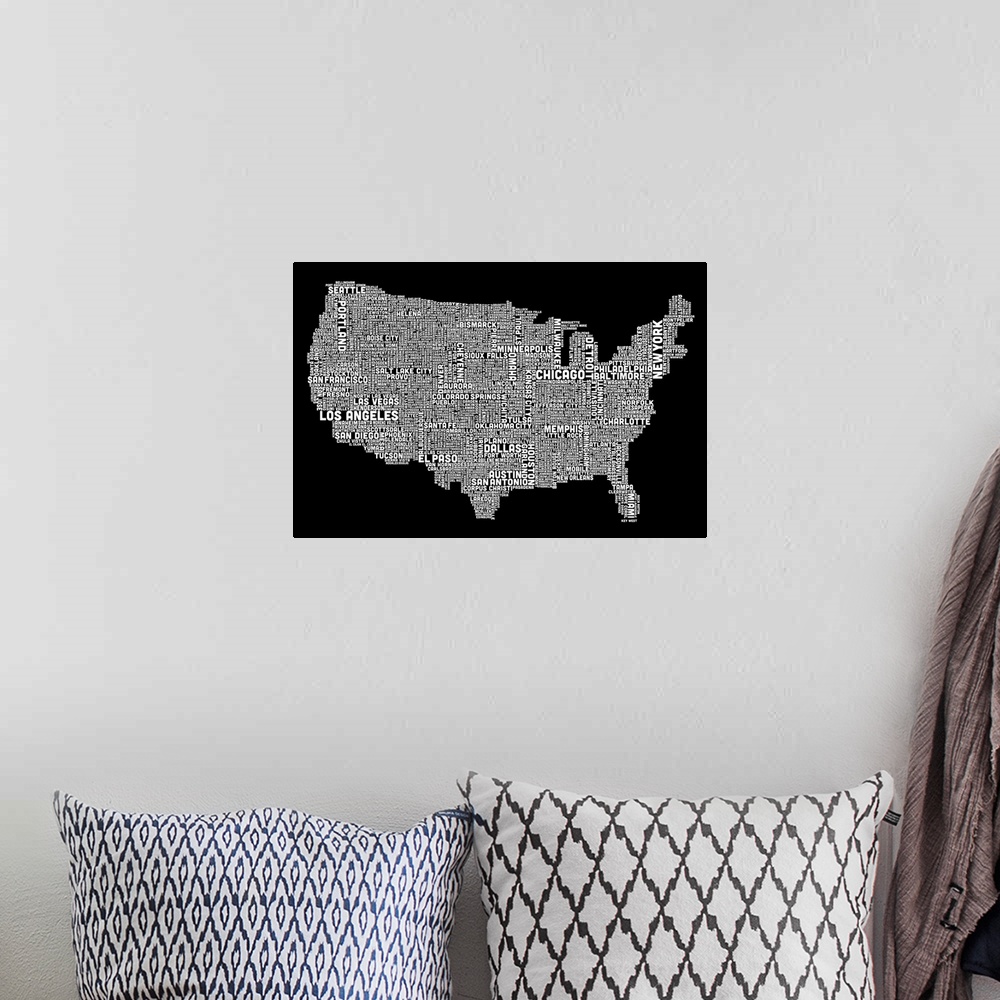 A bohemian room featuring United States Cities Text Map, Black and White