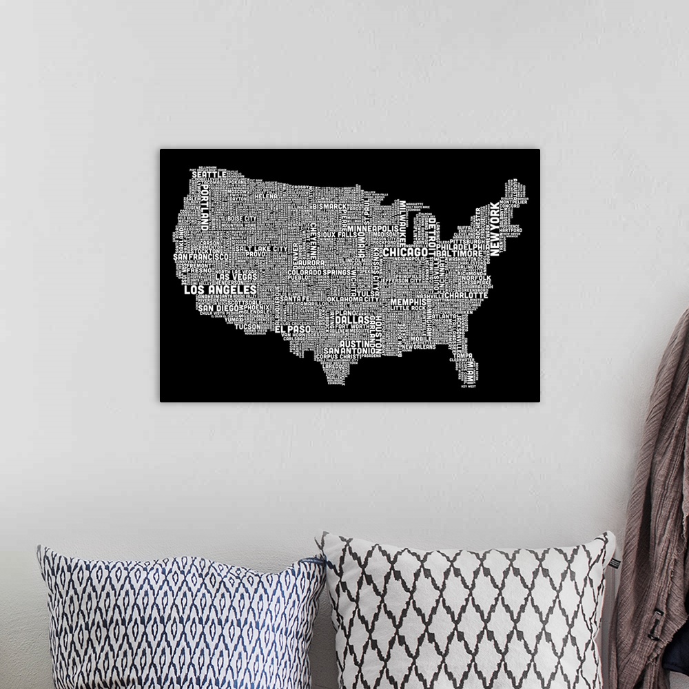 A bohemian room featuring United States Cities Text Map, Black and White