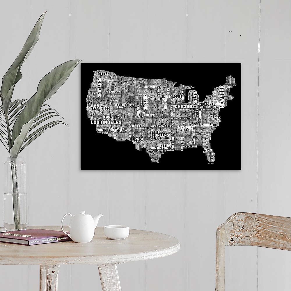 A farmhouse room featuring United States Cities Text Map, Black and White