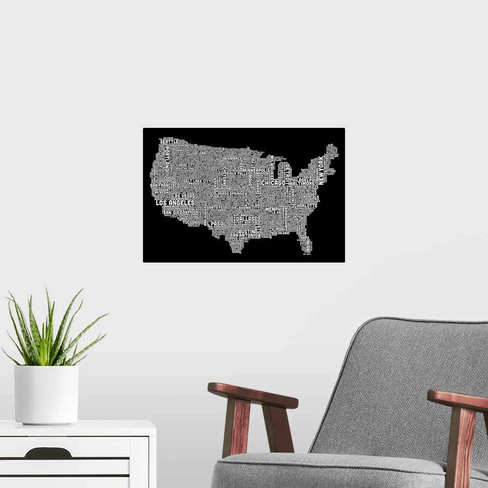 A modern room featuring United States Cities Text Map, Black and White