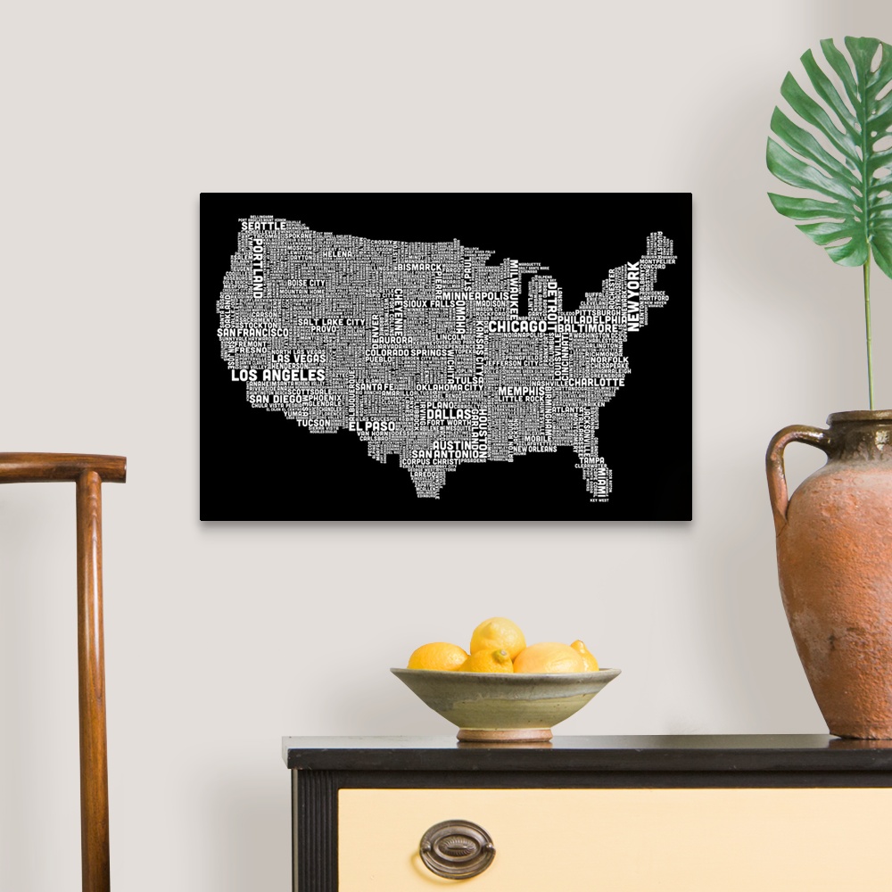 A traditional room featuring United States Cities Text Map, Black and White