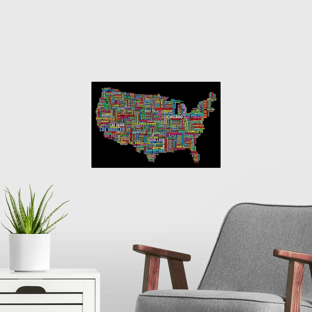 A modern room featuring Colorful map of America made of the names of each city that corresponds to its location.