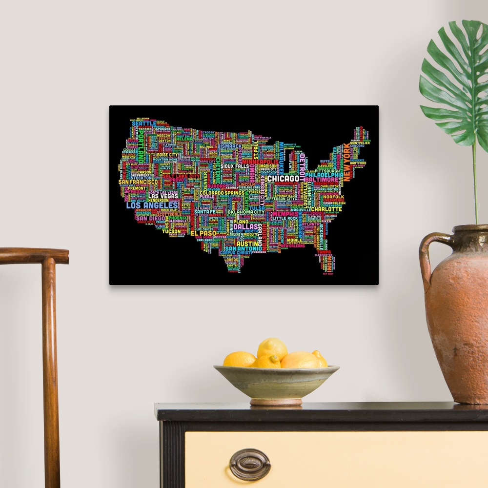 A traditional room featuring Colorful map of America made of the names of each city that corresponds to its location.