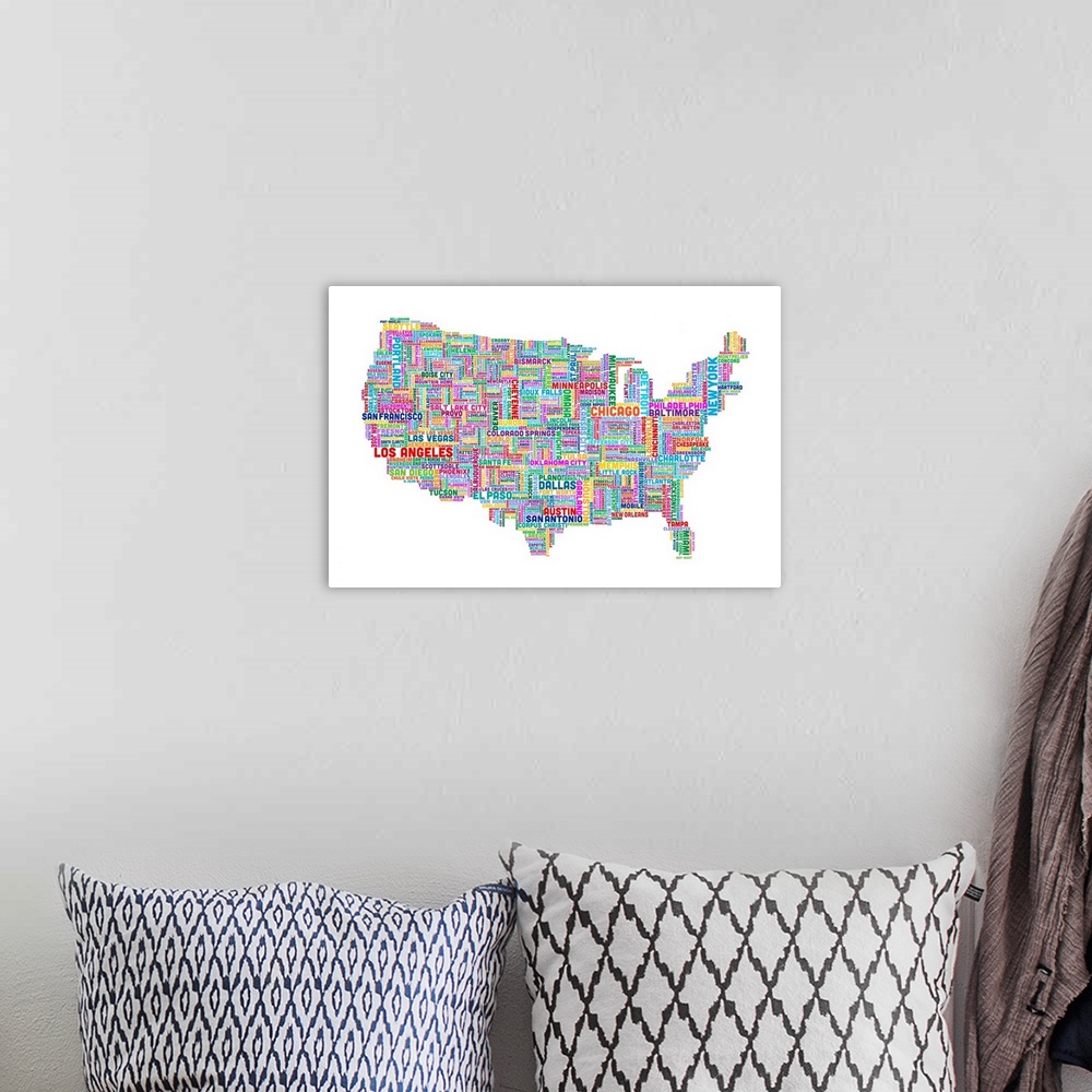 A bohemian room featuring United States Cities Text Map, Multicolor on White