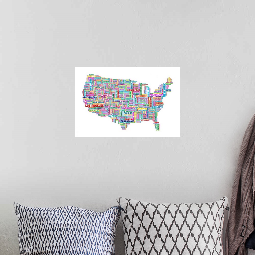 A bohemian room featuring United States Cities Text Map, Multicolor on White