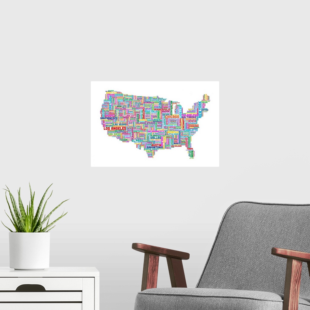A modern room featuring United States Cities Text Map, Multicolor on White