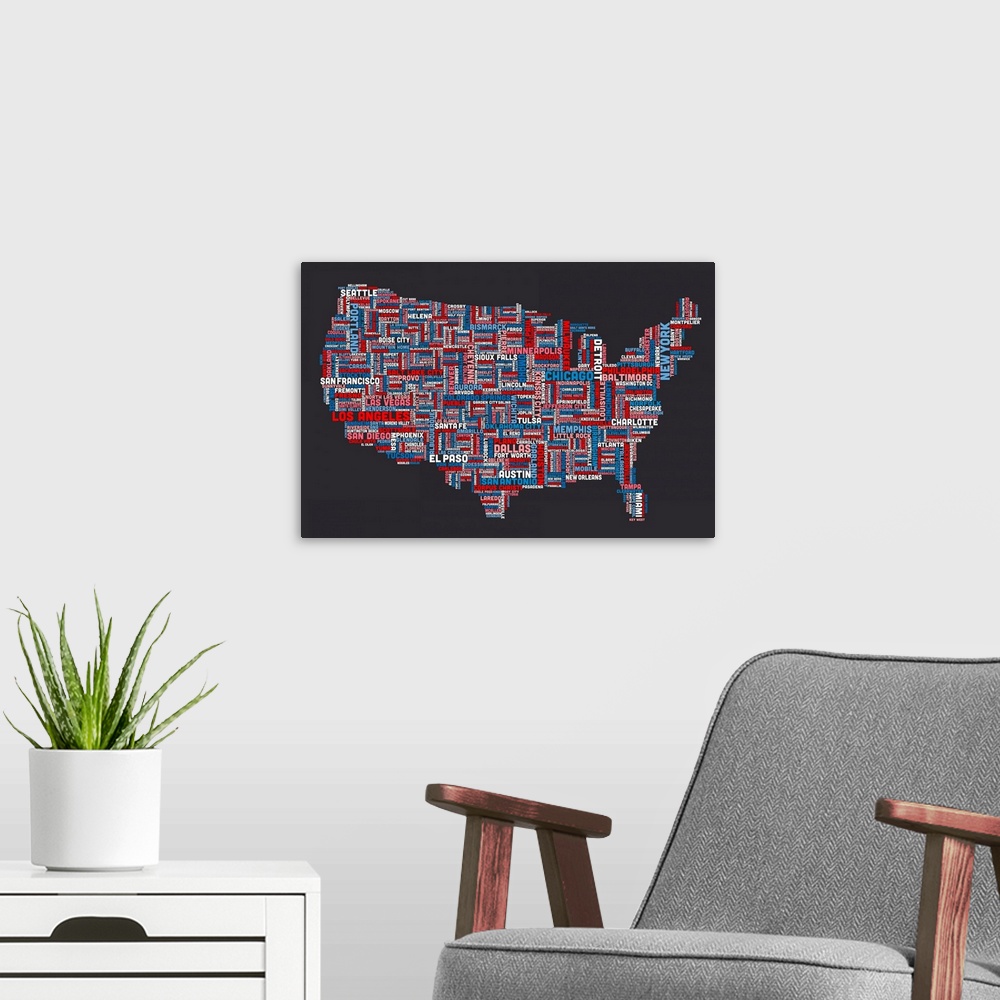 A modern room featuring Some of the most populated cities in the US are written out to outline a map of the US.