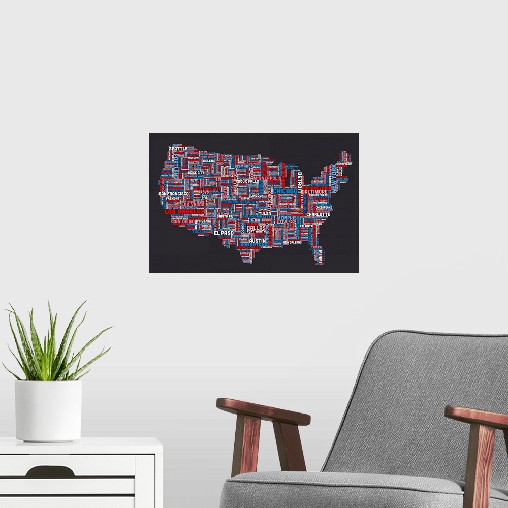 A modern room featuring Some of the most populated cities in the US are written out to outline a map of the US.