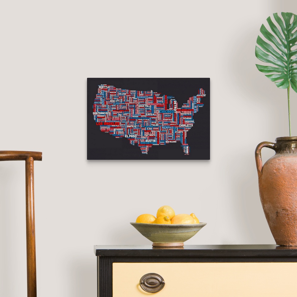 A traditional room featuring Some of the most populated cities in the US are written out to outline a map of the US.