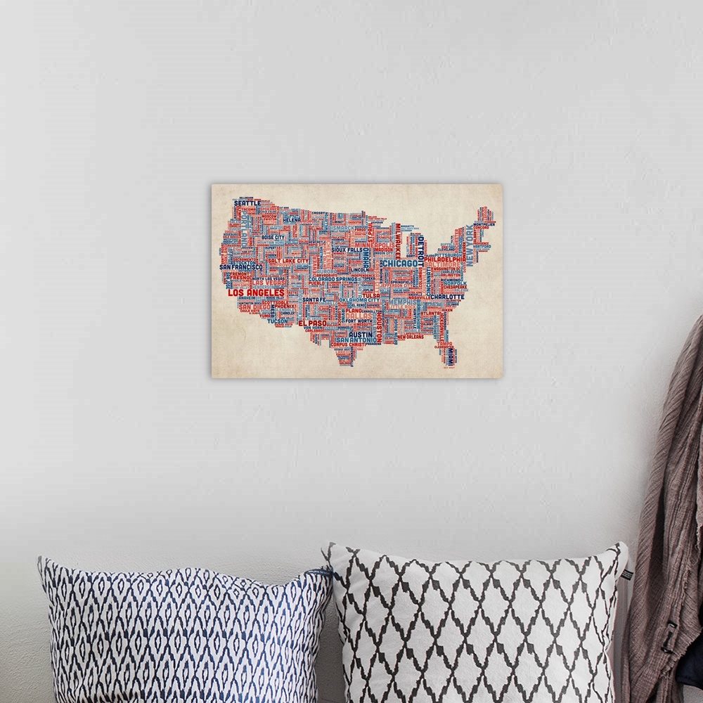A bohemian room featuring United States Cities Text Map, US Colors on Parchment