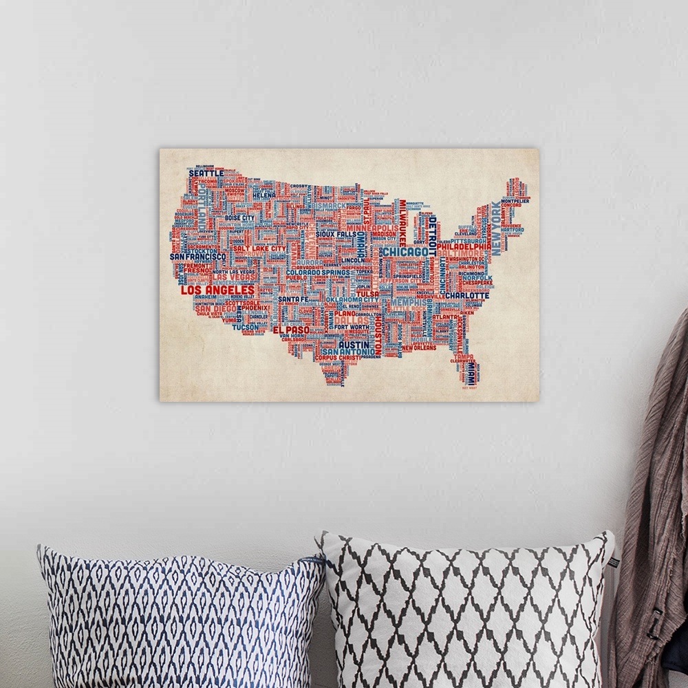 A bohemian room featuring United States Cities Text Map, US Colors on Parchment