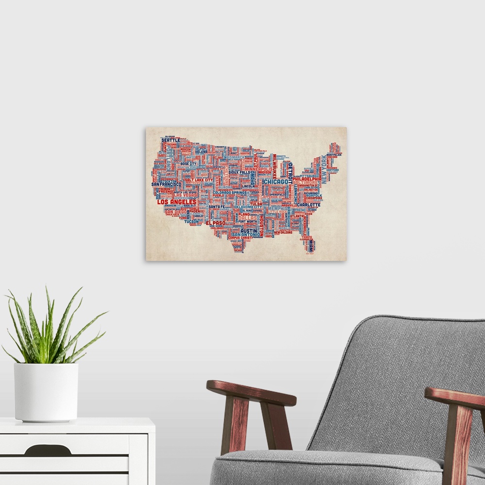 A modern room featuring United States Cities Text Map, US Colors on Parchment