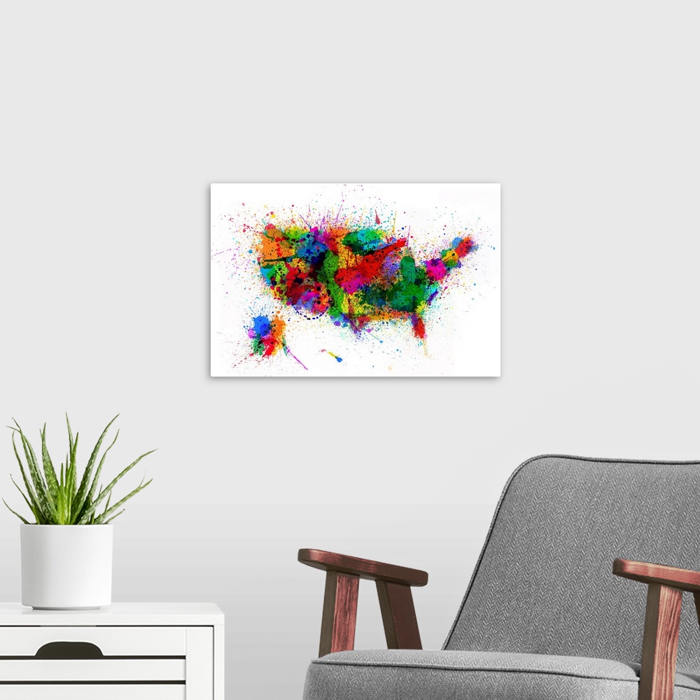 A modern room featuring United States Paint Splashes Map