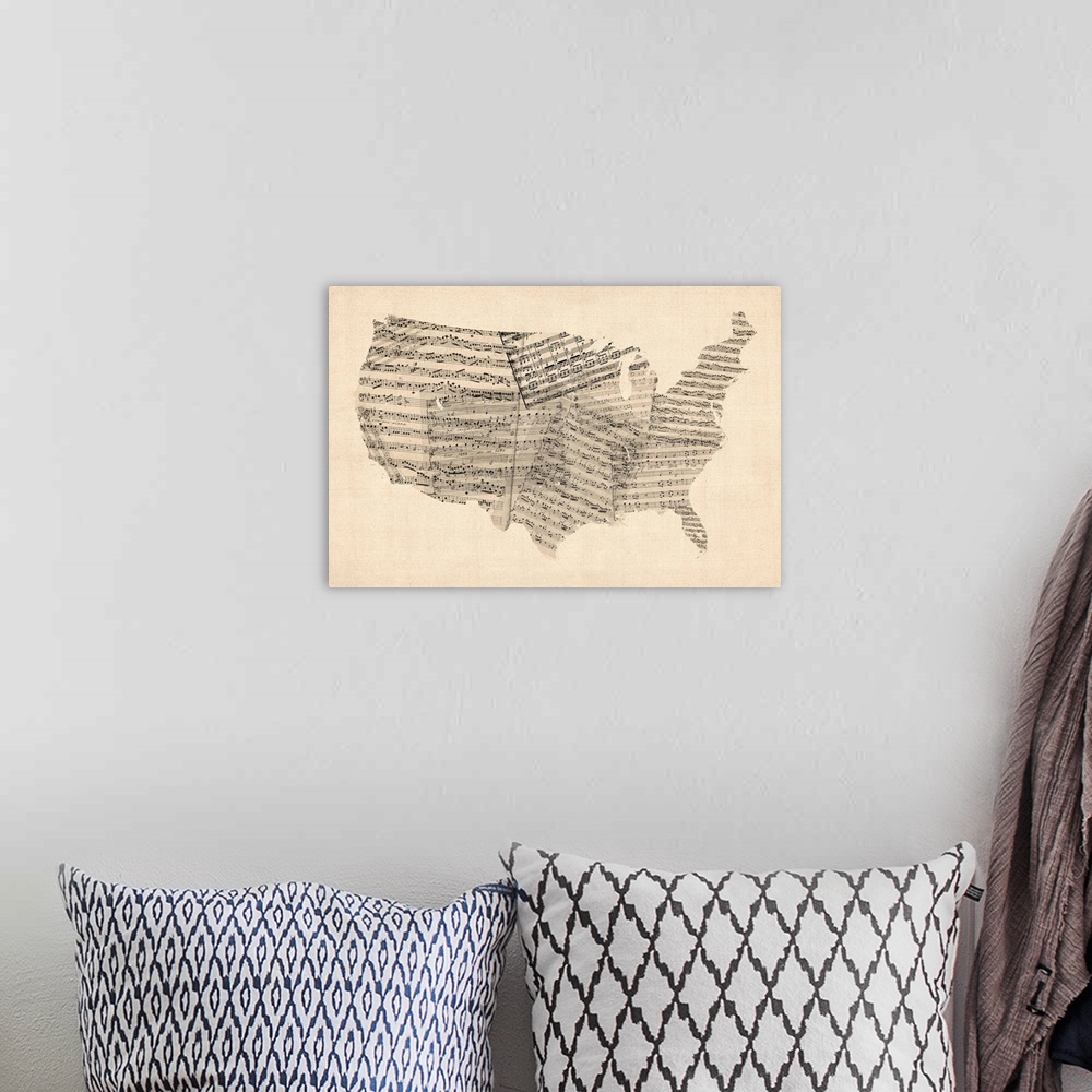 A bohemian room featuring United States Sheet Music Map